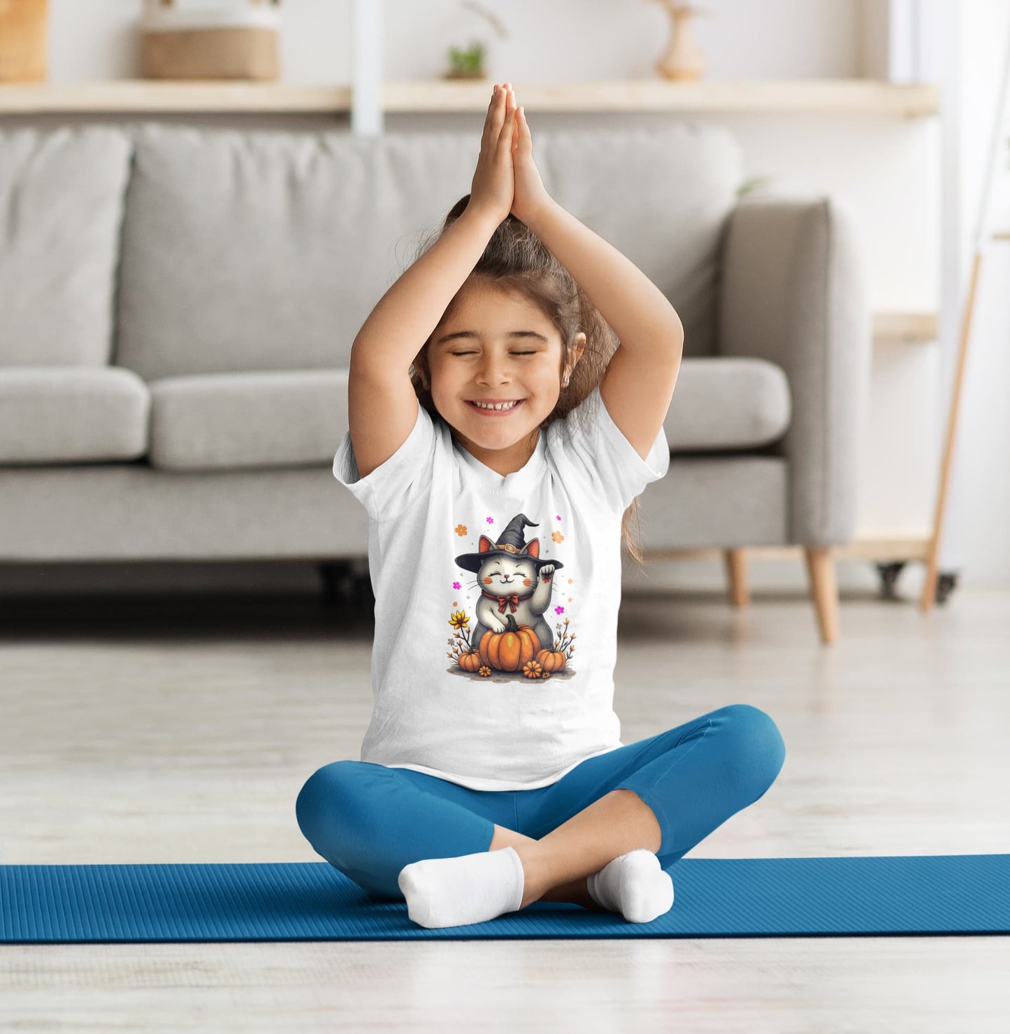 Mockup of Witch Luck Halloween cat t-shirt featuring Maneki-neko with witch hat and colorful floral gradient backdrop in classic women’s style