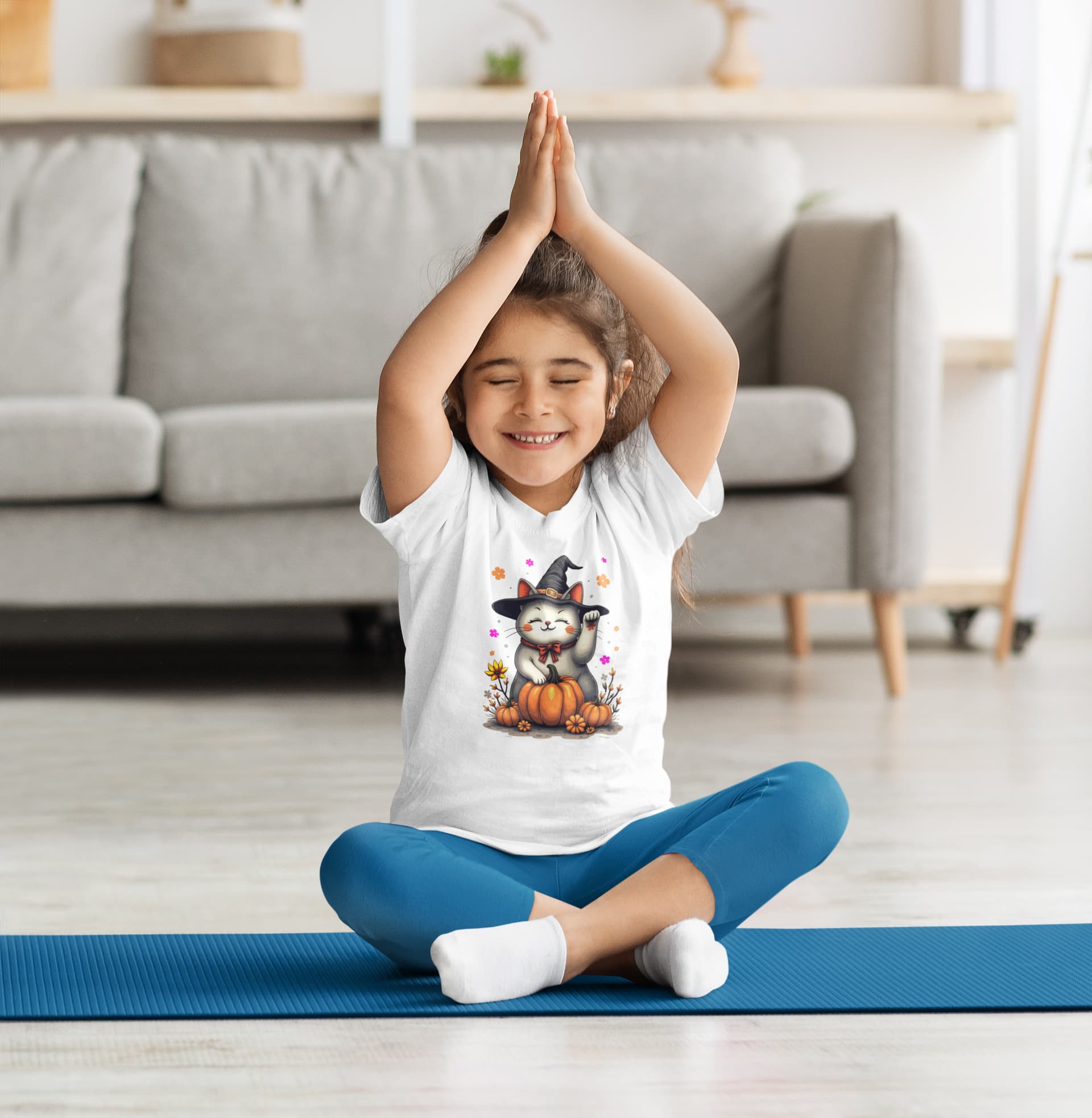 Mockup of Witch Luck Halloween cat t-shirt featuring Maneki-neko with witch hat and colorful floral gradient backdrop in classic women’s style
