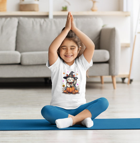 Mockup of Witch Luck Halloween cat t-shirt featuring Maneki-neko with witch hat and colorful floral gradient backdrop in classic women’s style