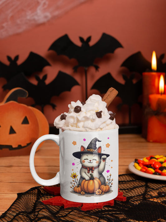 11oz ceramic mug Witch Luck Cat – Halloween Maneki-neko witch design with colorful floral gradient, part of Felinamia’s Meowlloween collection.