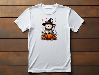Flat lay of Witch Luck cat t-shirt showing Halloween Maneki-neko design with witch hat, raised paw, and vibrant gradient flowers on dark fabric
