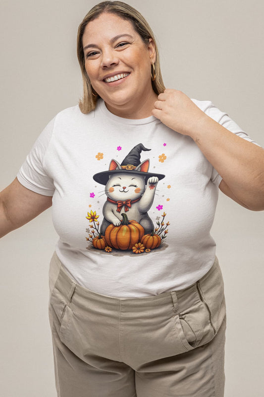 Mockup of Witch Luck Halloween cat t-shirt featuring Maneki-neko with witch hat and colorful floral gradient backdrop in classic women’s style