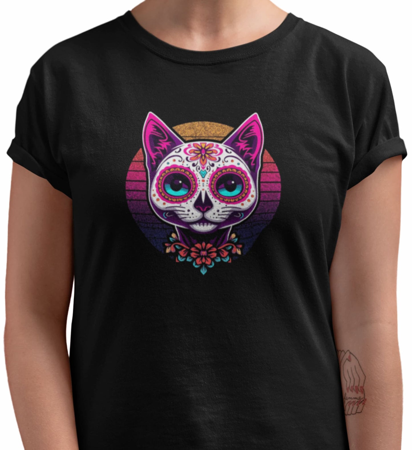 Close-up of Cat of Los Muertos T-Shirt – vibrant feline design with rounded lines and cultural symbolism.