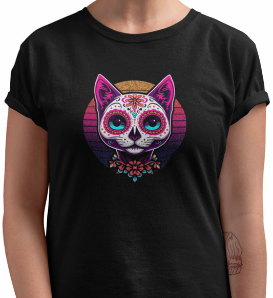 Close-up of Cat of Los Muertos T-Shirt – vibrant feline design with rounded lines and cultural symbolism.