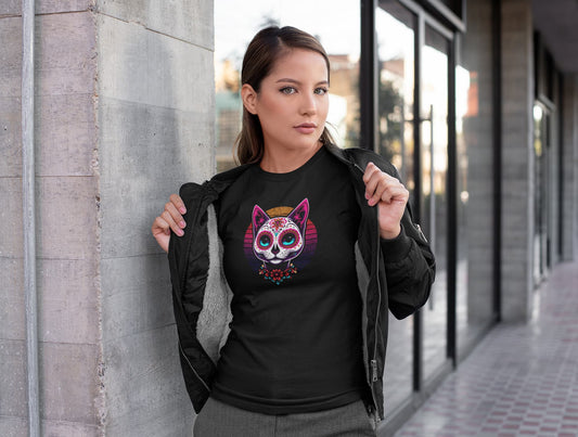 Model wearing Cat of Los Muertos T-Shirt – classic women’s tee with vibrant Día de los Muertos cat design.
