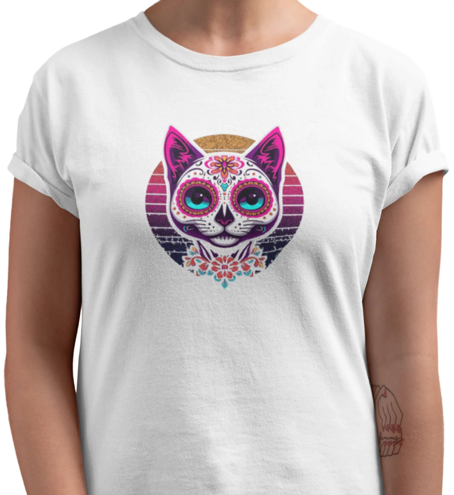 Close-up of Cat of Los Muertos T-Shirt – vibrant feline design with rounded lines and cultural symbolism.