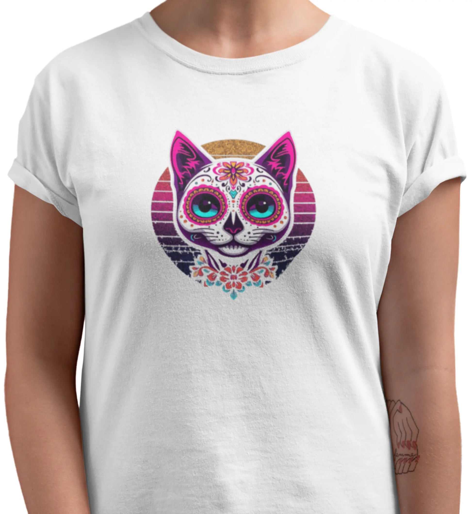 Close-up of Cat of Los Muertos T-Shirt – vibrant feline design with rounded lines and cultural symbolism.