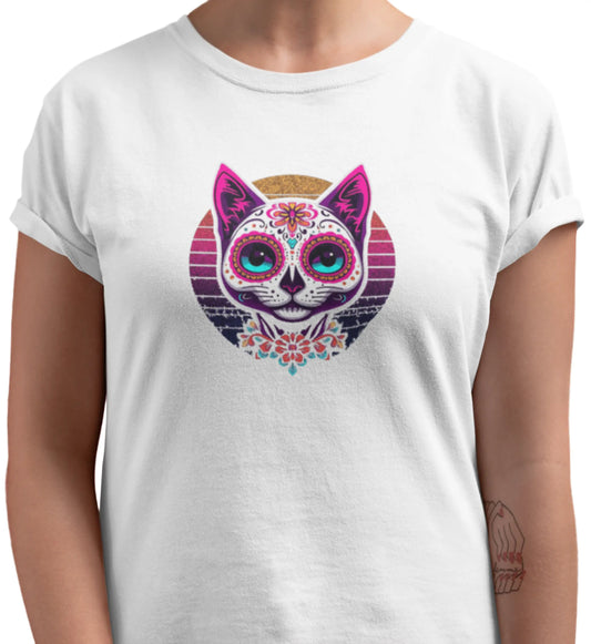 Close-up of Cat of Los Muertos T-Shirt – vibrant feline design with rounded lines and cultural symbolism.