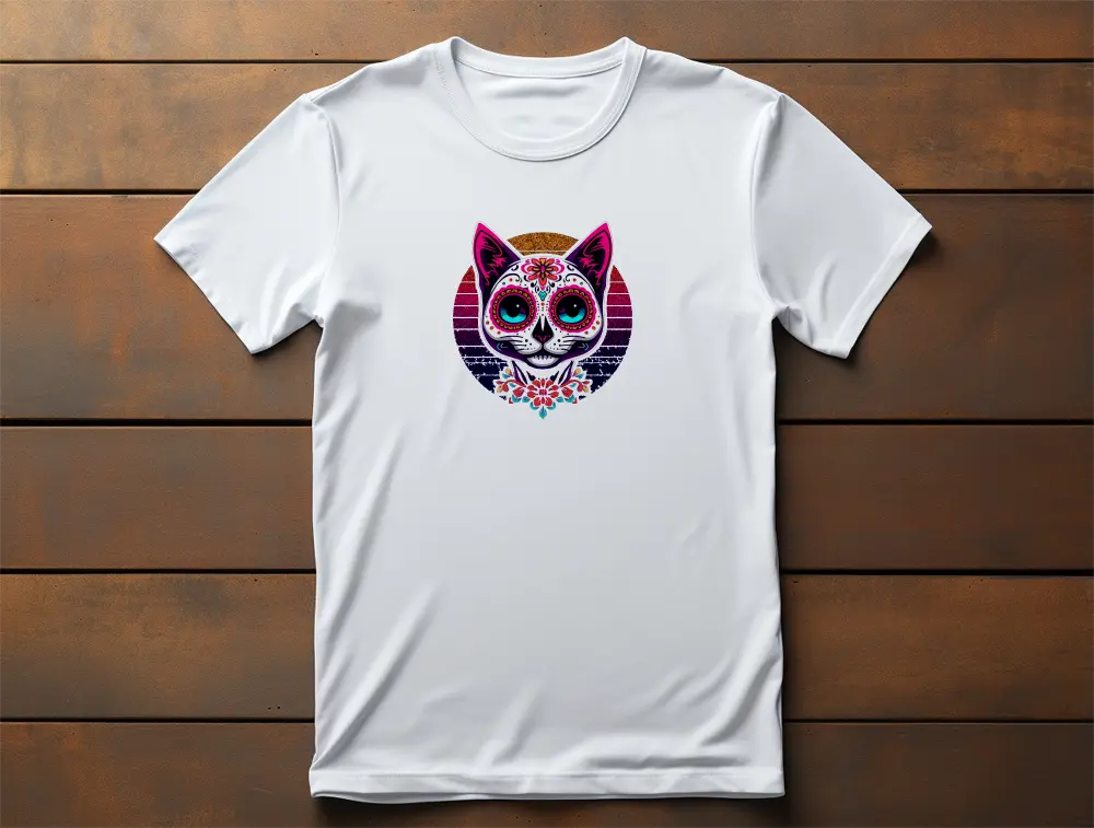 Cat of Los Muertos T-Shirt – classic women’s tee with colorful retrowave-inspired feline graphic.