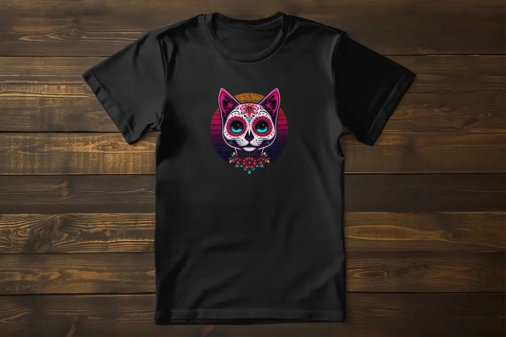 Cat of Los Muertos T-Shirt – classic women’s tee with colorful retrowave-inspired feline graphic.