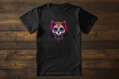 Cat of Los Muertos T-Shirt – classic women’s tee with colorful retrowave-inspired feline graphic.