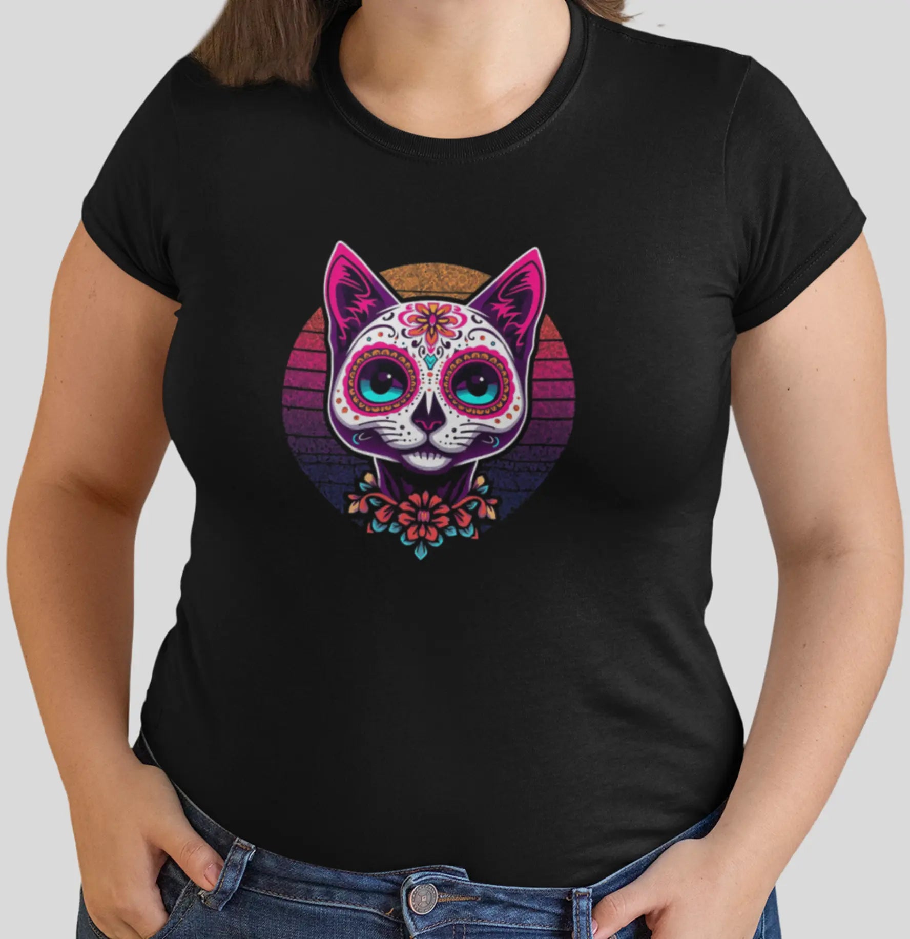 Close-up of Cat of Los Muertos T-Shirt – vibrant feline design with rounded lines and cultural symbolism.