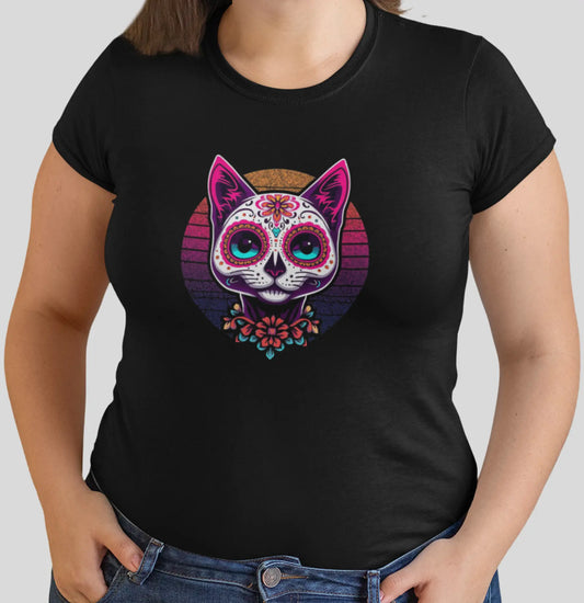 Close-up of Cat of Los Muertos T-Shirt – vibrant feline design with rounded lines and cultural symbolism.