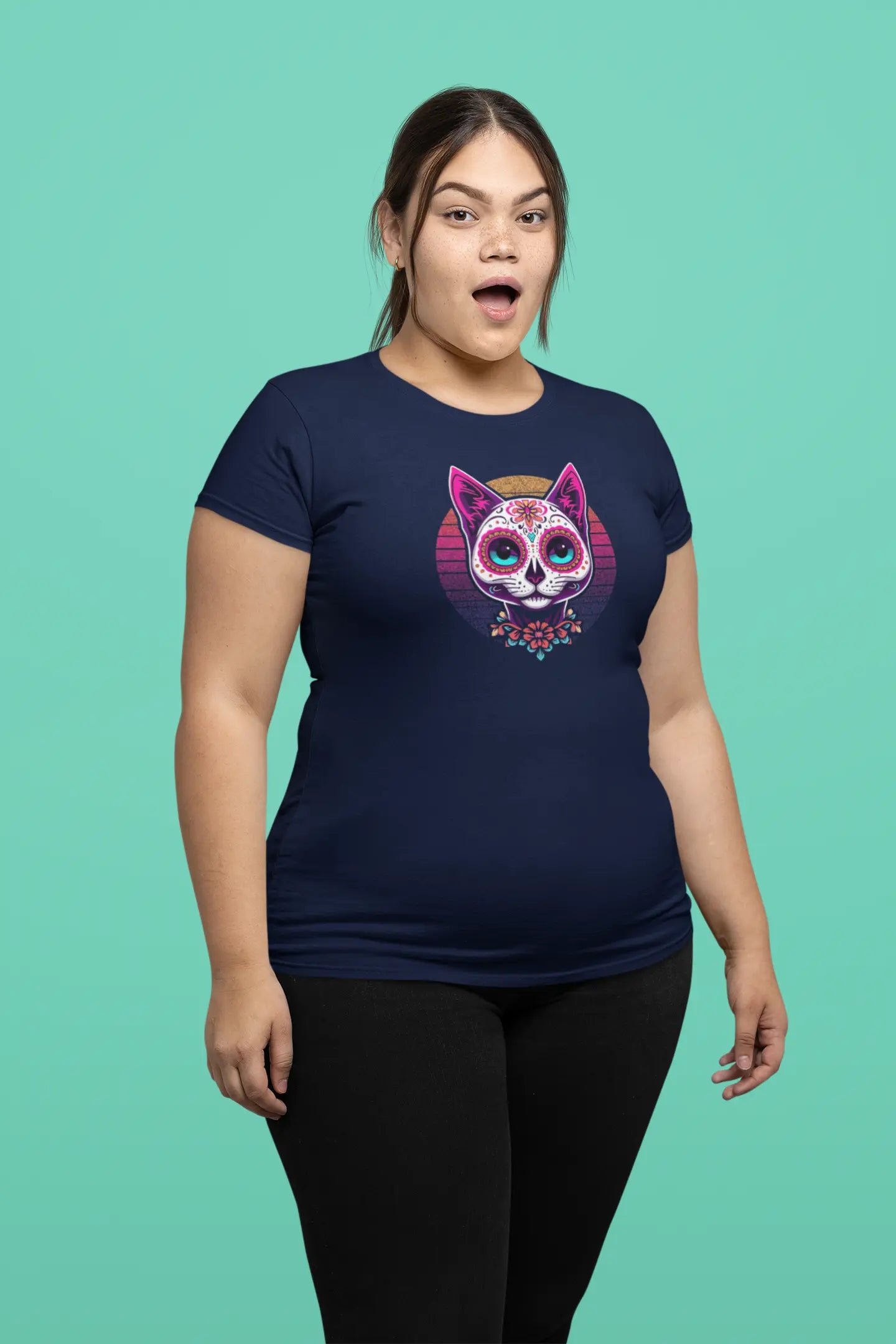 Woman styling Cat of Los Muertos T-Shirt – bold and artistic women’s tee with Día de los Muertos cat illustration.