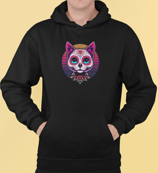 Close-up of Cat of Los Muertos Hoodie – vibrant feline design with rounded lines and cultural symbolism.
