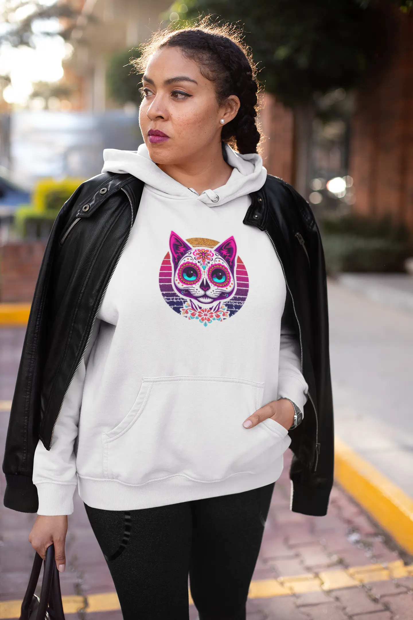Woman styling Cat of Los Muertos Hoodie – bold and artistic women’s tee with Día de los Muertos cat illustration.
