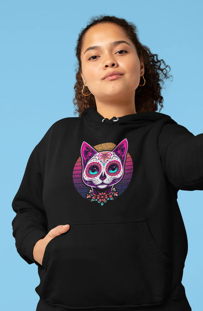 Model wearing Cat of Los Muertos Hoodie – classic women’s tee with vibrant Día de los Muertos cat design.