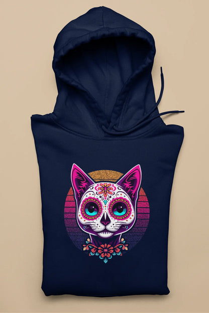 Cat of Los Muertos Hoodie – classic women’s tee with colorful retrowave-inspired feline graphic.