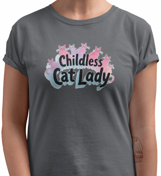 Close-up of Childless Cat Lady women’s t-shirt print with bold lettering and minimalist cat graphics