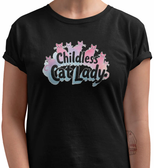 Close-up of Childless Cat Lady women’s t-shirt print with bold lettering and minimalist cat graphics