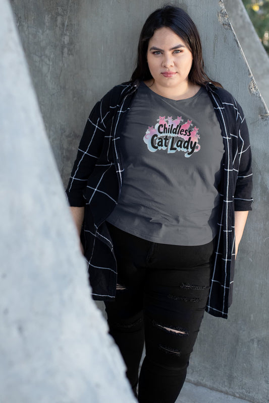 Mockup of Childless Cat Lady women’s t-shirt with bold text and minimalist cat illustrations