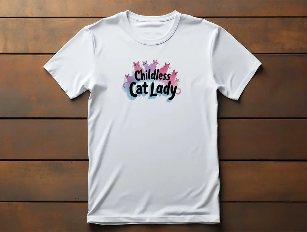 Flat lay of Childless Cat Lady classic women’s t-shirt featuring playful cat lover graphic design