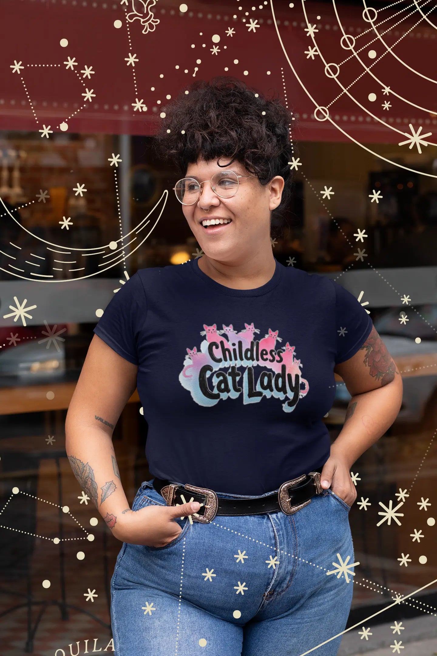 Model wearing Childless Cat Lady t-shirt for women with fun and cheeky cat-inspired text design
