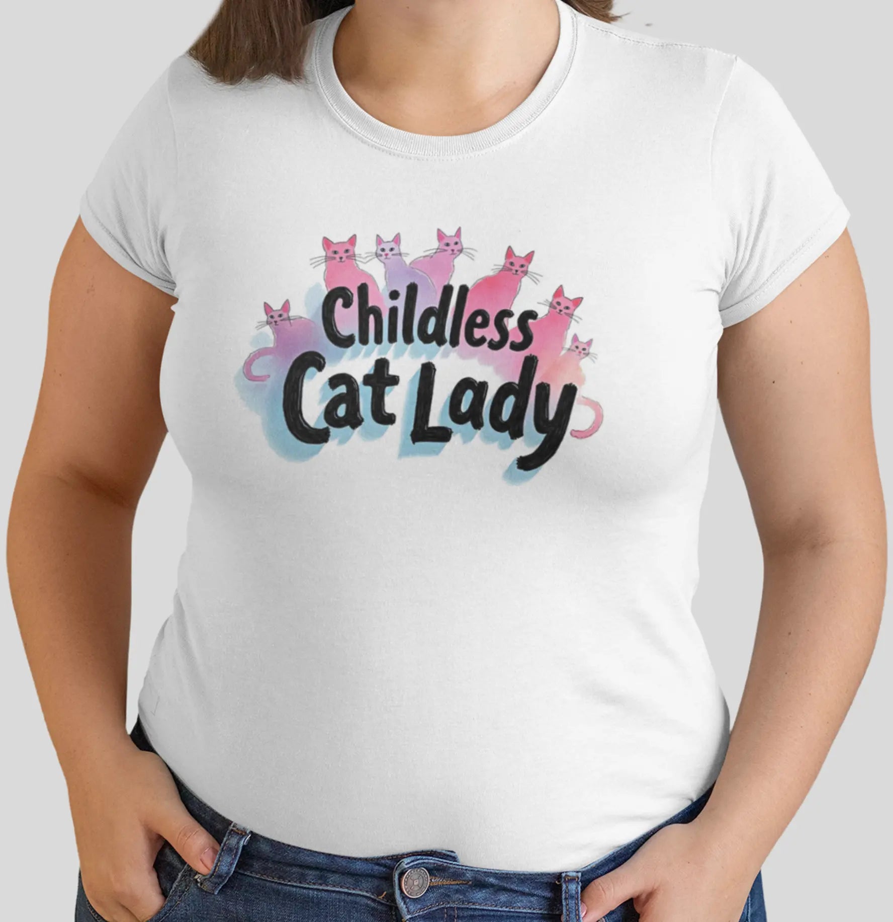 Close-up of Childless Cat Lady women’s t-shirt print with bold lettering and minimalist cat graphics