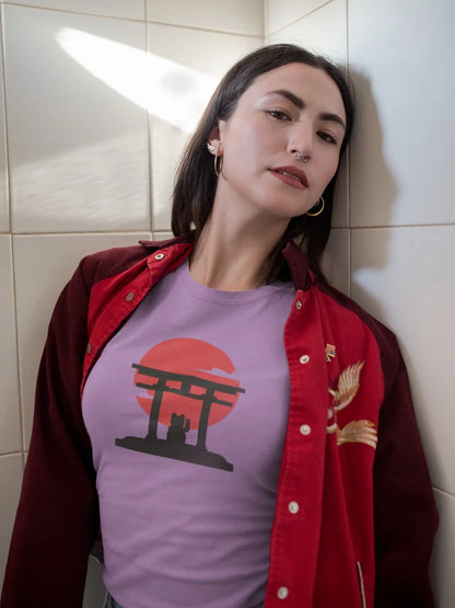 Person styling Manekineko Tori T-Shirt – premium unisex Japanese lucky cat with tori gate and rising sun design.