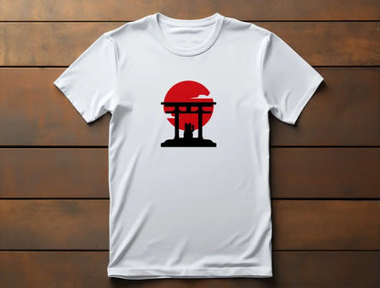 Manekineko Tori Unisex T-Shirt – minimalist Japanese lucky cat with tori gate silhouette and red sun circle design.