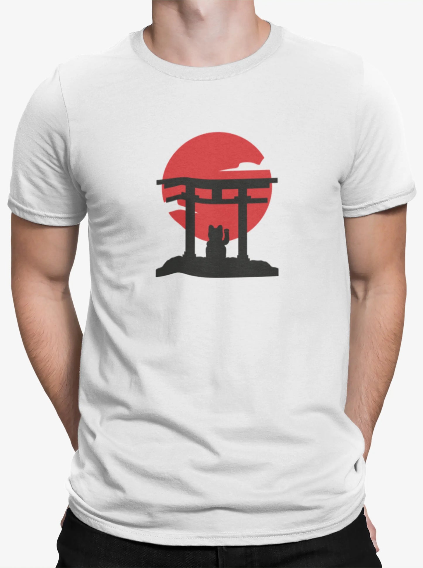 Close-up of Manekineko Tori T-Shirt print – silhouetted Manekineko cat framed by tori gate with bold red sun circle.