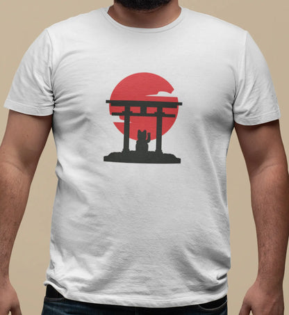 Close-up of Manekineko Tori T-Shirt print – silhouetted Manekineko cat framed by tori gate with bold red sun circle.