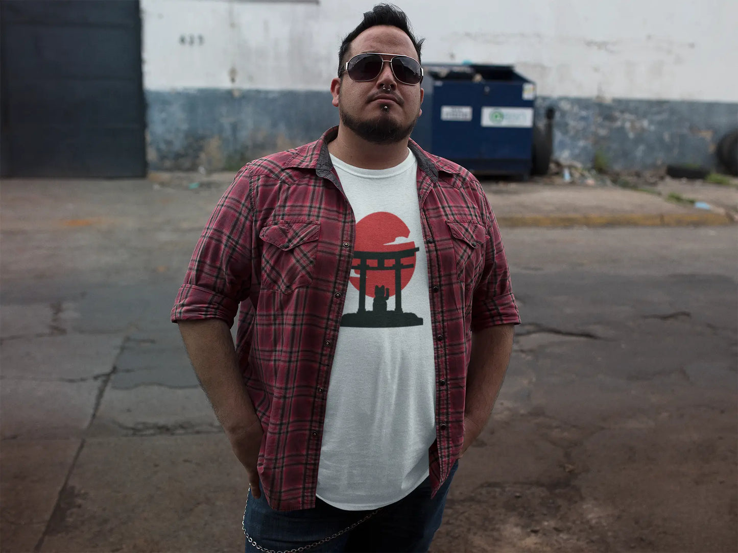 Person styling Manekineko Tori T-Shirt – premium unisex Japanese lucky cat with tori gate and rising sun design.