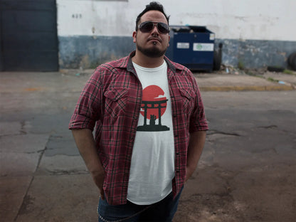 Person styling Manekineko Tori T-Shirt – premium unisex Japanese lucky cat with tori gate and rising sun design.