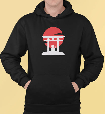 Close-up of the mug design: Maneki-neko silhouette, torii gate, and the red sun circle highlighted.