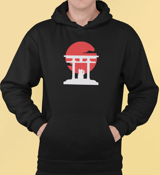 Close-up of the mug design: Maneki-neko silhouette, torii gate, and the red sun circle highlighted.