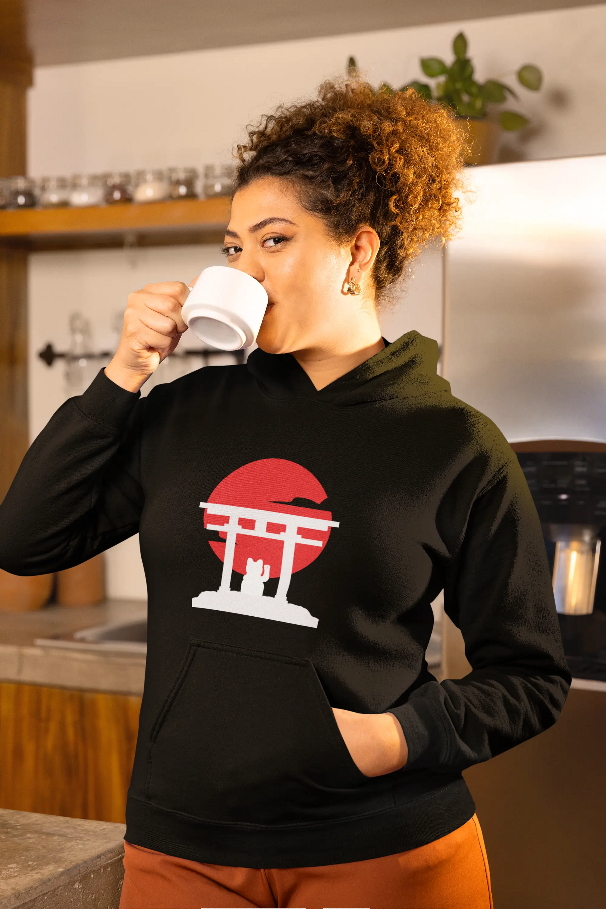 Manekineko Tori" mug on a balcony overlooking a zen garden or Japanese landscape. Serene.