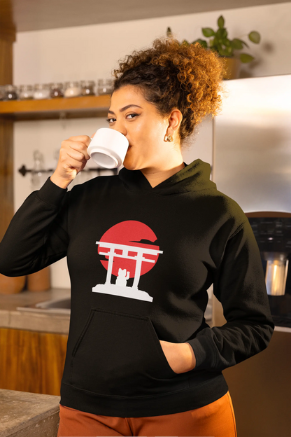 Manekineko Tori" mug on a balcony overlooking a zen garden or Japanese landscape. Serene.