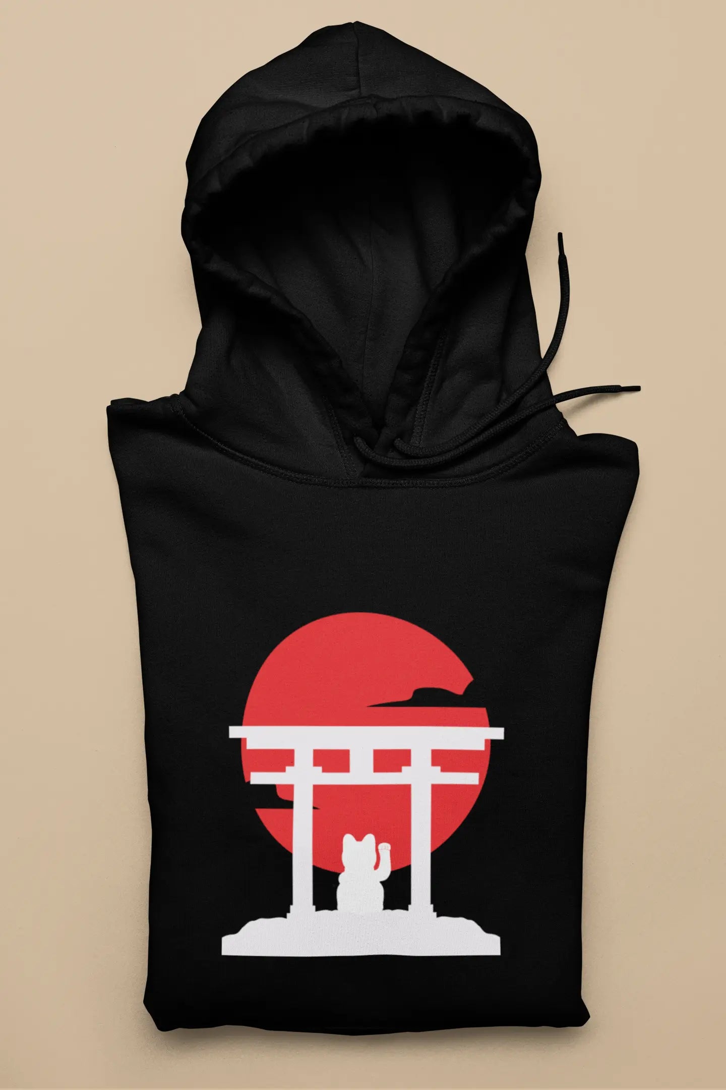 White mug with minimalist silhouette print of Maneki-neko before torii gate and rising sun