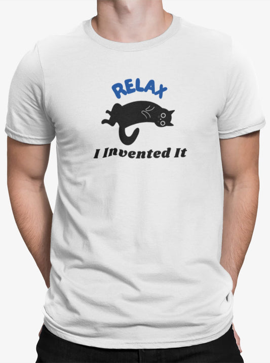 Close-up of Relax Funny Zen Cat T-Shirt – minimalist lounging cat graphic radiating calm and humor.