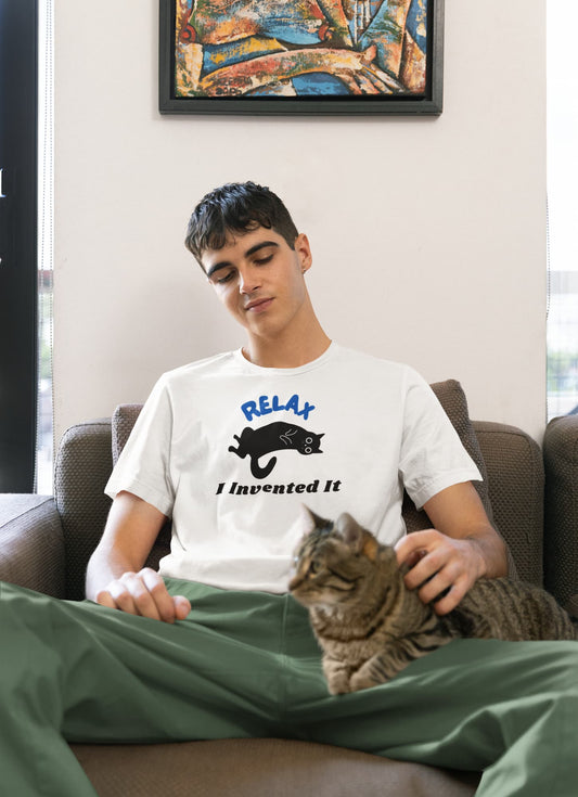 Model wearing Relax Funny Zen Cat T-Shirt – unisex premium tee with minimalist lounging cat design.