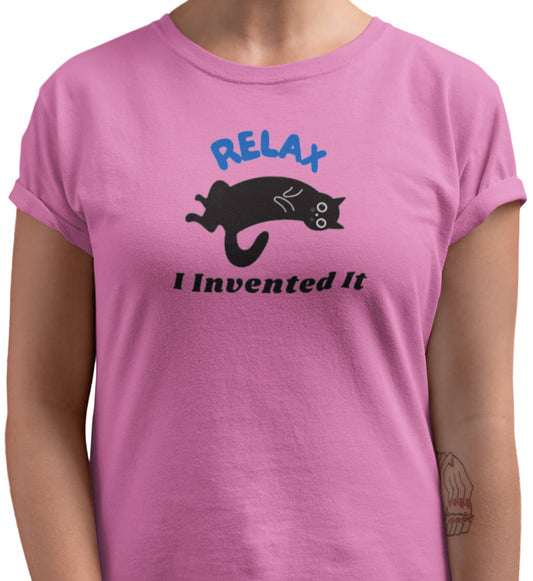 Close-up of Relax Funny Zen Cat T-Shirt – minimalist lounging cat graphic radiating calm and humor.