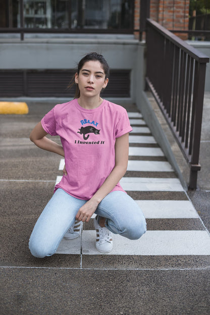 Model wearing Relax Funny Zen Cat T-Shirt – unisex premium tee with minimalist lounging cat design.