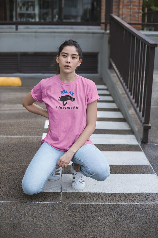 Model wearing Relax Funny Zen Cat T-Shirt – unisex premium tee with minimalist lounging cat design.