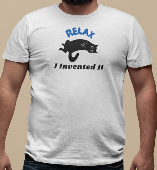 Close-up of Relax Funny Zen Cat T-Shirt – minimalist lounging cat graphic radiating calm and humor.