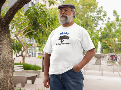 Model wearing Relax Funny Zen Cat T-Shirt – unisex premium tee with minimalist lounging cat design.