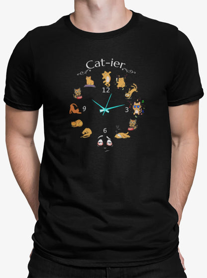 Close-up of Cat-ier Funny Cat Watch Parody T-Shirt – parody cat watch graphic showing feline nightlife routine.