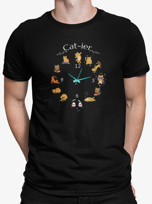 Close-up of Cat-ier Funny Cat Watch Parody T-Shirt – parody cat watch graphic showing feline nightlife routine.