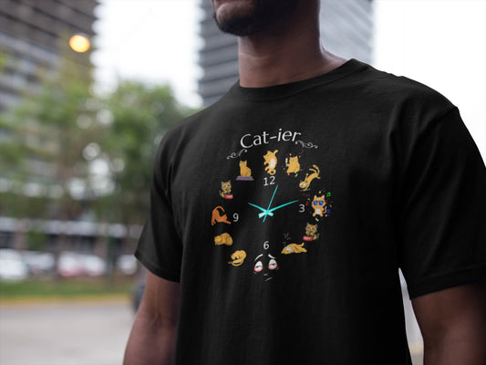 Model wearing Cat-ier Funny Cat Watch Parody T-Shirt – unisex premium tee with humorous cat luxury design.