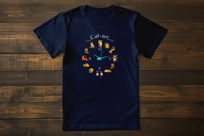 Cat-ier Funny Cat Watch Parody T-Shirt – unisex premium tee featuring witty cat routine parody graphic.